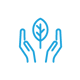 Two hands in blue outline hold a small plant with a leaf.