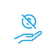 Blue icon of a hand holding a circle with a dollar sign crossed out.