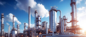 A petrochemical refinery with tall distillation columns and interconnected pipes against a blue sky, with sunlight reflecting on the metallic surfaces.