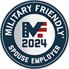 Circular badge with "Military Friendly Spouse Employer 2024" text.