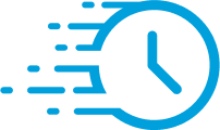 Graphic icon depicting a stylized clock with one hand on the left and motion lines trailing to the right, symbolizing speed or quick time passage.